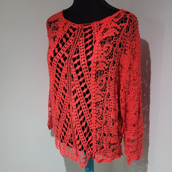 XCVI Women's Long Sleeve High Low 100% Cotton Crochet Shirt Size XL Red Boho - Picture 3 of 10